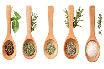 Culinary Delights: wooden spoons elegantly display an array of culinary herbs and spices, a colorful showcase of fresh ingredients. 