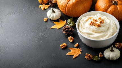 Delicious Bowl of Whipped Cream Surrounded by Pumpkins and Nuts in Fall