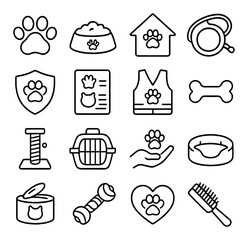 Pet Charity line art icons. paw print, pet food bowl, animal shelter, dog leash, rescue icon, adoption form, volunteer vest, toy bone, scratching post, pet crate, veterinary hand,
