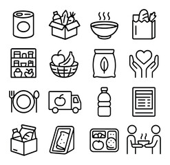 Food Donations line art icons. canned food, grocery box, soup bowl, paper bag, food shelf, fruit basket, rice sack, donation sticker, meal icon, food truck, water bottle, nutrition
