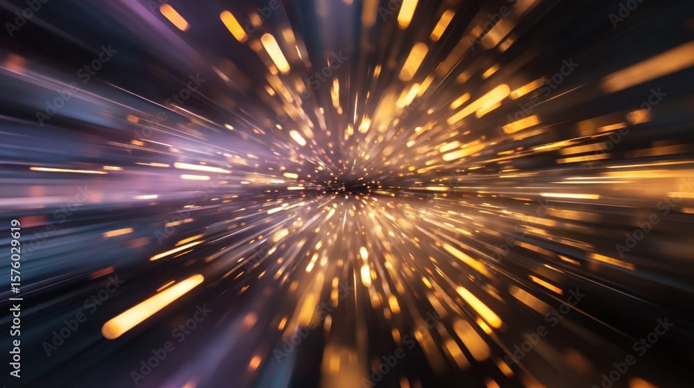 Poster a dynamic burst of golden and white light streaks radiating from a central point, creating a sense o