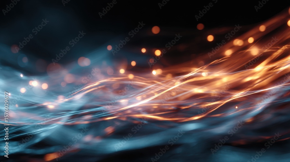 Poster abstract light trails in blue and orange create dynamic, flowing patterns against a dark background,