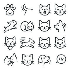 Pet Emotions & Expressions line art icons. happy paw, excited tail, sleepy yawn, curious face, playful jump, scared crouch, purring icon, wagging tail, cuddly heart, zoomies icon,