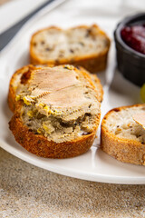 Foie gras goose liver appetizer delicacy fresh delicious gourmet food background on the table rustic food top view copy space