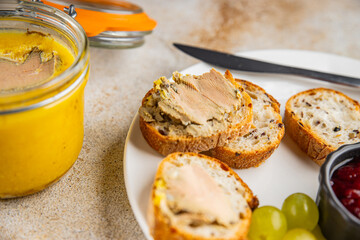 Foie gras goose liver appetizer delicacy fresh delicious gourmet food background on the table rustic food top view copy space