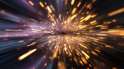Fototapeta premium A dynamic burst of golden and white light streaks radiating from a central point, creating a sense of motion and energy in a dark space.