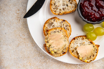 Foie gras goose liver appetizer delicacy fresh delicious gourmet food background on the table rustic food top view copy space © Alesia Berlezova