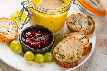 Foie gras goose liver appetizer delicacy fresh delicious gourmet food background on the table...
