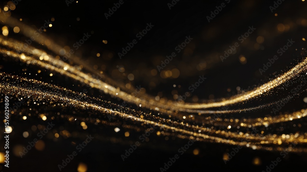 Poster abstract flowing golden particles on a dark background create a shimmering, elegant wave pattern.