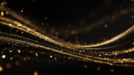 Abstract flowing golden particles on a dark background create a shimmering, elegant wave pattern.