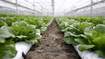 Healthy lettuce growing in a greenhouse setting on a sunny day