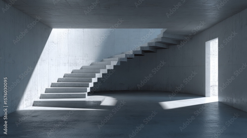 Poster minimalist concrete interior with a floating staircase, illuminated by natural light from an open do