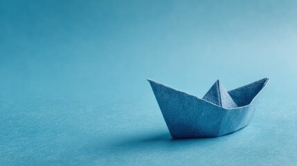 Obraz premium A blue origami paper boat sits on a smooth blue surface with a soft blue background, highlighting minimalistic design and craftsmanship.
