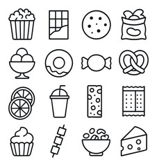 Lazy Day Snacks line art icons. popcorn bucket, chocolate bar, cookie, potato chips, ice cream bowl, donut, candy, pretzel, fruit slices, smoothie cup, granola bar, cracker pack,
