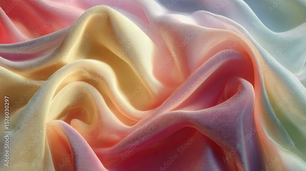 Poster close-up of soft, translucent fabric with smooth folds in pastel colors, creating an abstract, flowi