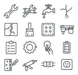 Repair & Maintenance line art icons. wrench icon, pipe fix, leaking faucet, cracked wall, broken tile, paintbrush, patch kit, toolbelt, repair checklist, replacement part,