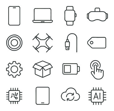 Tech & Gadget Influencer line art icons. smartphone, laptop, smartwatch, VR headset, camera lens, drone, USB cable, tech review tag, gear icon, unboxing box, battery icon,