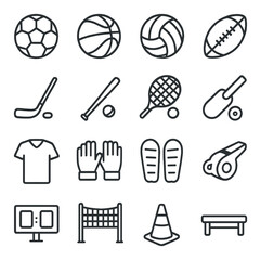 Team Sports Equipment line art icons. soccer ball, basketball, volleyball, rugby ball, hockey stick, baseball bat, tennis racket, cricket bat, team jersey, goalie gloves, shin