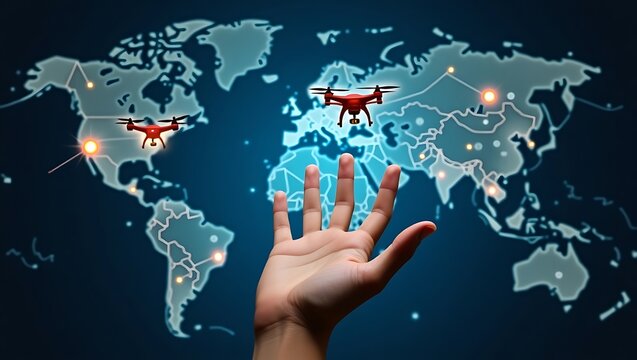 Autonomous Logistics Hand overseeing a holographic map showing AI-controlled drone deliveries moving in real-time.