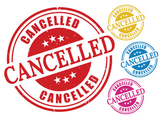 Colorful Cancelled Stamp Set, Grunge Rubber Label Icons in Red Blue Yellow Pink  