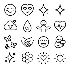 Emotions in love line art icons. blushing face, love eyes, shy heart, spark icon, dreamy cloud, tear of joy, open arms, heartbeat icon, butterflies, hand touch, joyful smile, warm