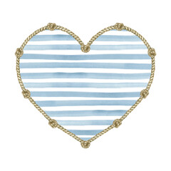 A heart in the form of a frame made of braided rope with knots. Inside the frame is a background with horizontal stripes of blue and white colors. It is painted in watercolor in a nautical style.