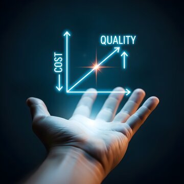 Visualization shows a hand holding a diagram of cost versus quality, conveying the optimization of product or service development.