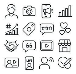 Influencer marketing line art icons. influencer avatar, camera icon, sponsored post, audience graph, hashtag trend, product tag, review bubble, social likes, collab icon,