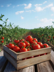 A wooden box with ripe tomatoes stands on the table