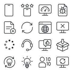 Technology surveys line art icons. gadget icon, app rating, device performance, bug report, feature request, software update, browser compatibility, system crash icon, loading