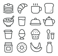 Lazy Breakfast line art icons. pancake stack, croissant, mug of coffee, slice of toast, cereal bowl, glass of juice, butter dish, tea kettle, yogurt cup, boiled egg, muffin, spoon,