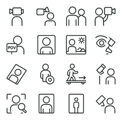 Camera Angles line art icons. eye-level shot, low angle, high angle, over-the-shoulder, point-of-view, close-up, wide shot, extreme close-up, Dutch angle, aerial view, tracking
