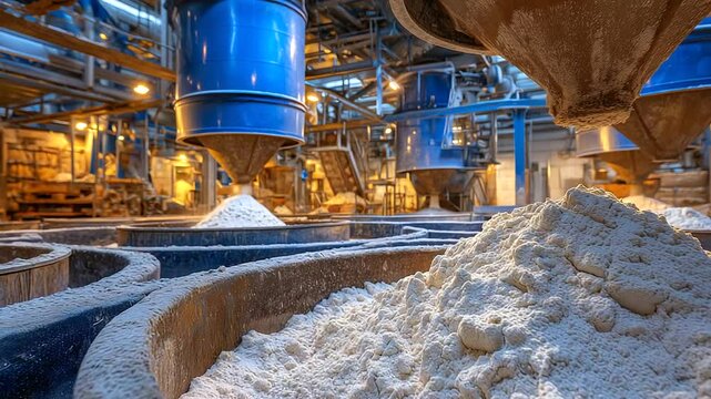 A flour mill interior showing giant industrial grinders turning wheat into fine white flour