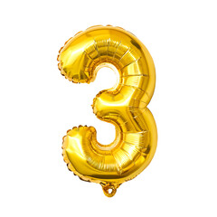 Golden number 3 light years, isolated balloon on transparent background. Foil helium balloon in PNG format.