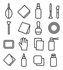 Fototapeta premium Camera Cleaning Kit line art icons. blower, lens cloth, cleaning solution, lens pen, sensor swab, microfiber towel, cleaning brush, dust cap, cleaning tray, anti-static glove, lens