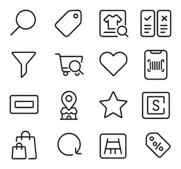 Retail and shopping line art icons. magnifying glass, price tag, product detail, compare items, product filter, cart search, wishlist icon, barcode scan, shelf label, store locator