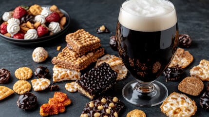 Delicious Glass of Beer Surrounded by Tempting Chocolate and Cookies