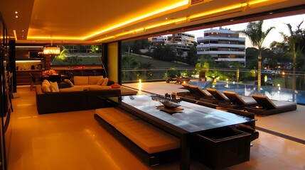 Elegant residential interior showcasing a seamless transition to outdoor luxury pool and city views