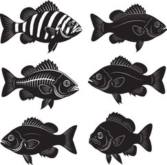 Naklejka premium The first image is a leaping bass fish and the second image features a collection of various fish silhouettes