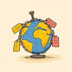 Global Trade Under Pressure – Cartoon Globe in Chains with Price Tags Representing US Tariff Impact
