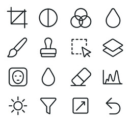 Photo Editing Tools line art icons. crop icon, contrast adjustment, color balance, saturation icon, brush tool, clone stamp, selection tool, layer icon, mask icon, blur tool,
