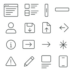 Survey user interface line art icons. survey window, question layout, scroll bar, form field, user icon, save draft, upload file, skip question, info tooltip, submit page,