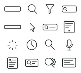 Search Interface Elements line art icons. search bar, magnifying glass, filter icon, search button, input field, type cursor, clear input, dropdown results, loading spinner, recent