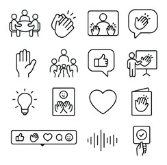 Applause in meetings line art icons. roundtable icon, clapping emoji, video call screen, speech bubble, raised hand, team icon, chat reaction, virtual thumbs up, presentation