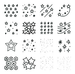 Star Patterns line art icons. repeating star tile, polka dot with stars, diagonal stars, swirling star trail, scattered star field, geometric stars, grid pattern, wavy star lines,