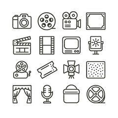 Vintage Film Icons line art icons. retro camera, film reel, projector, silent film frame, classic clapper, filmstrip, old screen, vintage light box, hand-crank reel, movie ticket,
