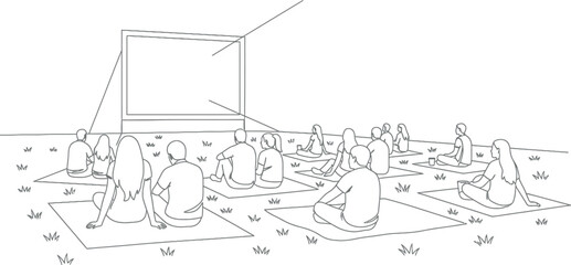Outdoor Movie Screening Line Art Illustration - Open Air Cinema Audience