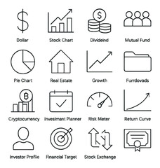 Investment Portfolio line art icons. dollar sign, stock chart, dividend icon, mutual fund, asset pie chart, real estate icon, growth line, portfolio folder, crypto bar, investment