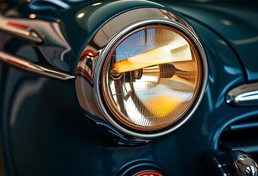 Fototapeta Intricate chrome headlight, vintage car detail, classic style,  history,  gleam