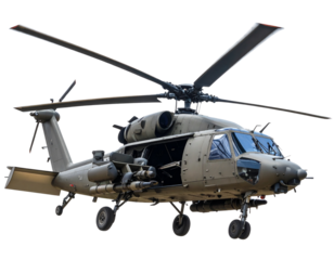  Top-Down Angle of Stealth Military Helicopter with Camouflage Paint and Rotating Blades, Isolated on Transparent Background